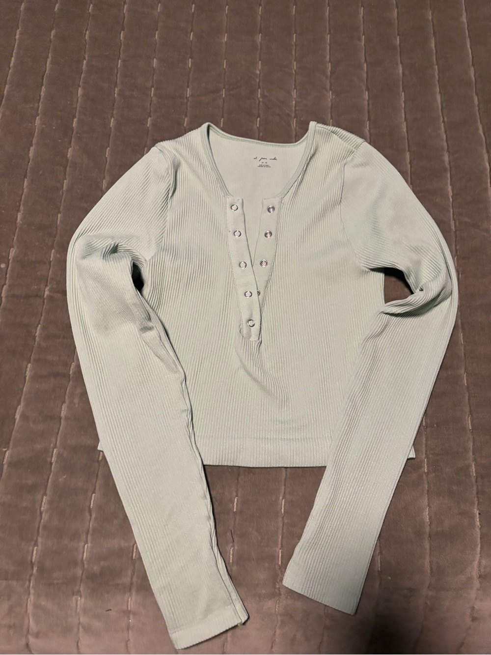 Urban Outfitters Ribbed Snap Henley Long Sleeve Top - Light Mint